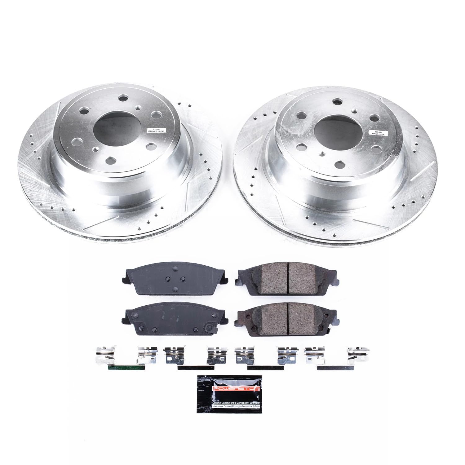 PowerStop Rear Brake Kit For Cadillac Escalade 2015-20 |Escalade ESV 2015-20 |Chevrolet Silverado 1500 2014-18 - Drilled and Slotted Disc Rotors with Ceramic Brake Pads Replacement, K6562