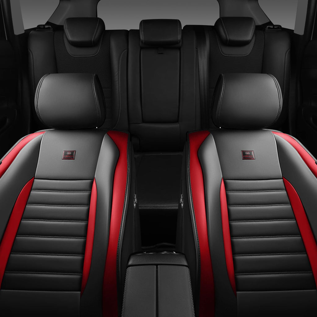 CAR PASS Nappa Leather Car Seat Covers Front Seats, Luxury Seat Protector for Cars, Waterproof Anti-Slip Seat Cushion Armrest Compatible Airbag Universal for Sedan SUV Pick-up Truck Auto, Black Red
