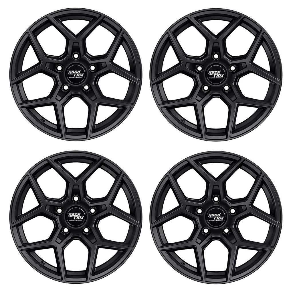 RockTrix RT105 17 inch Wheels Compatible with Jeep Wrangler JK JL 17x9 5x5 Wheels (+12mm Offset) 5.5in Backspace, 5x5 PCD, 71.5mm Bore, Black, Also fits Gladiator Commander Grand Cherokee (Set of 4)