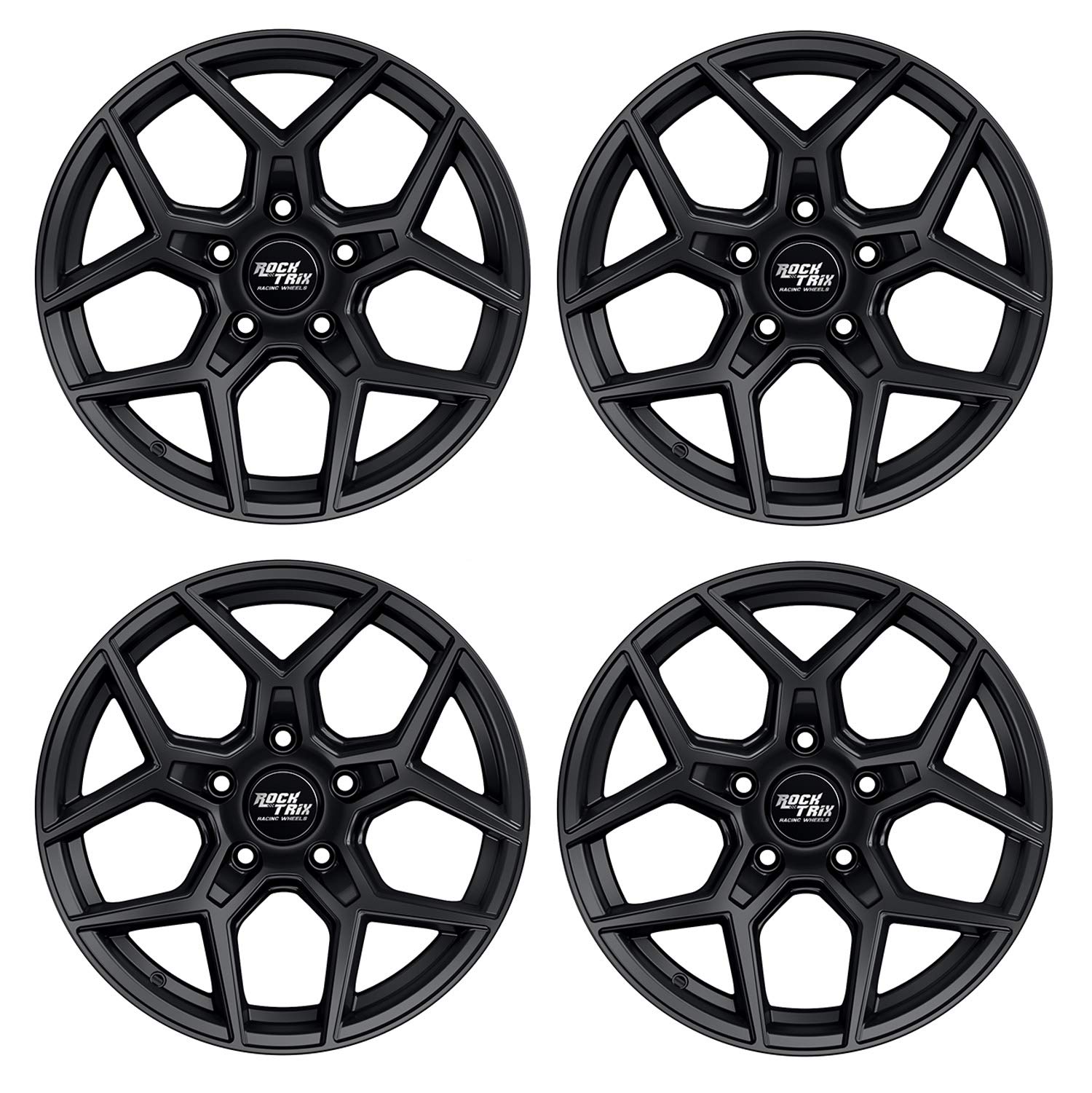 RockTrix RT105 17 inch Wheels Compatible with Jeep Wrangler JK JL 17x9 5x5 Wheels (+12mm Offset) 5.5in Backspace, 5x5 PCD, 71.5mm Bore, Black, Also fits Gladiator Commander Grand Cherokee (Set of 4)
