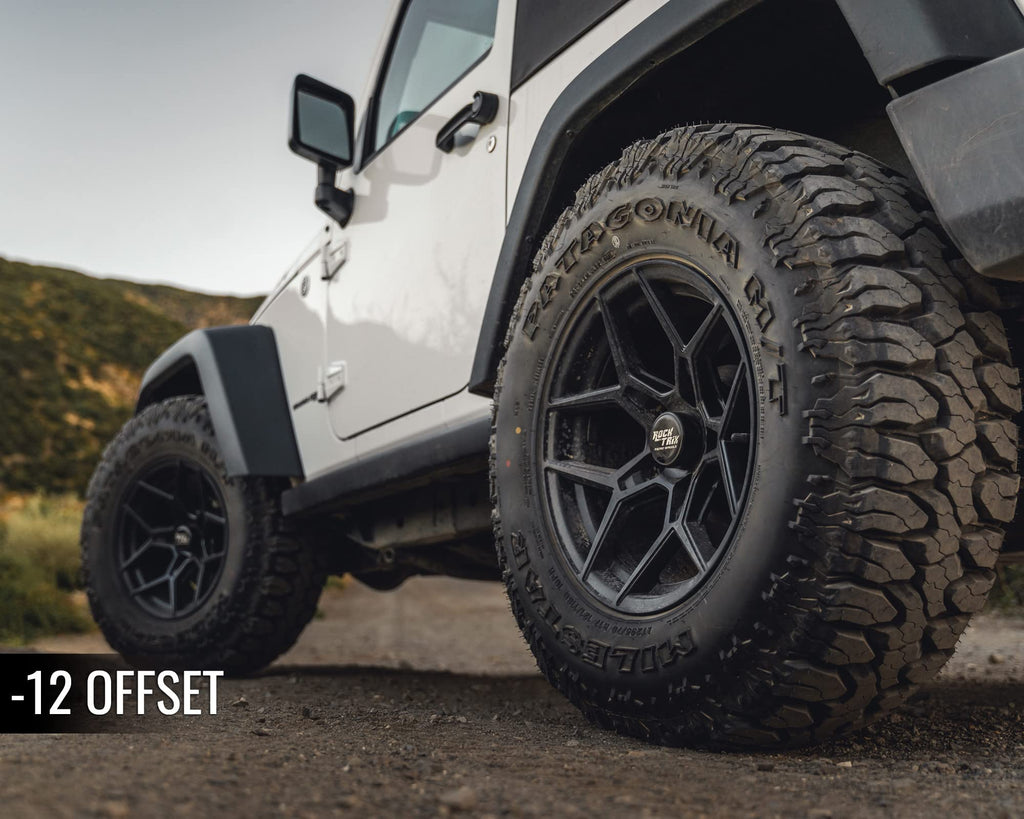 RockTrix RT105 17 inch Wheels Compatible with Jeep Wrangler JK JL 17x9 5x5 Wheels (+12mm Offset) 5.5in Backspace, 5x5 PCD, 71.5mm Bore, Black, Also fits Gladiator Commander Grand Cherokee (Set of 4)