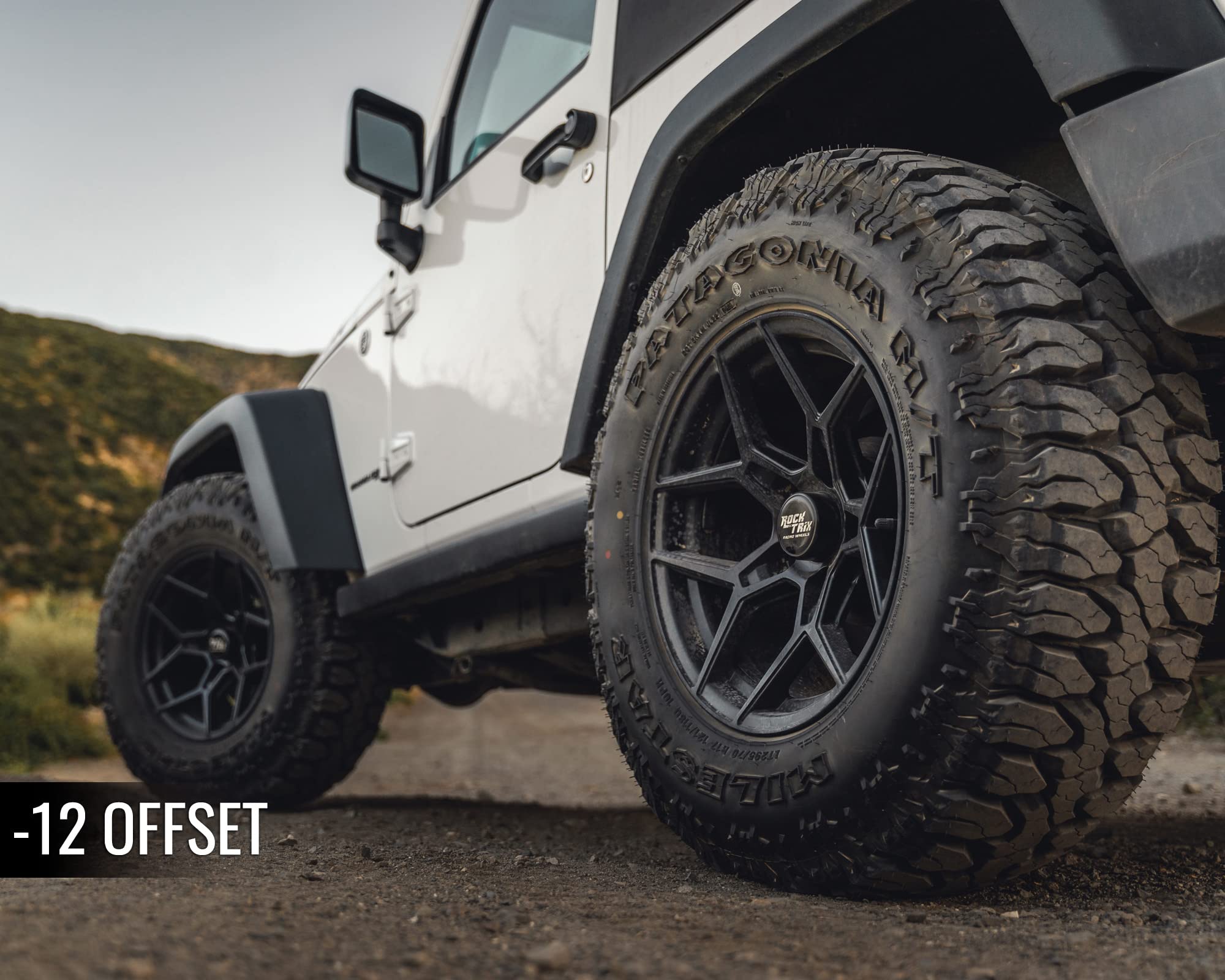RockTrix RT105 17 inch Wheels Compatible with Jeep Wrangler JK JL 17x9 5x5 Wheels (+12mm Offset) 5.5in Backspace, 5x5 PCD, 71.5mm Bore, Black, Also fits Gladiator Commander Grand Cherokee (Set of 4)