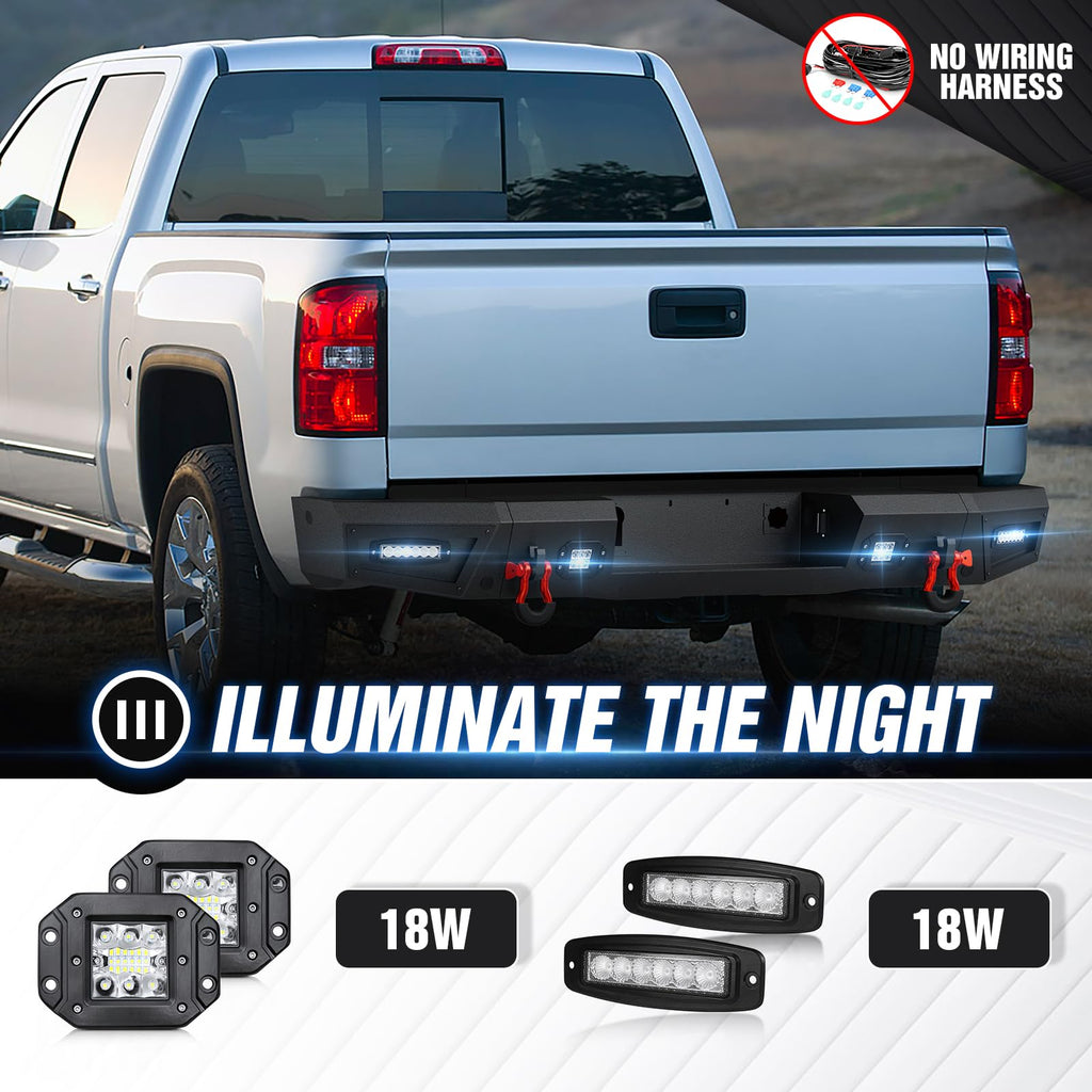 YZONA Pickup Truck Rear Step Bumper Compatible for 2014-2018 Chevy Silverado 1500 & GMC Sierra 1500 Off-Road Bumper Consists of Sensor Holes, Paintable Decor, 4 x 18W LED Lights & D-rings (Black)