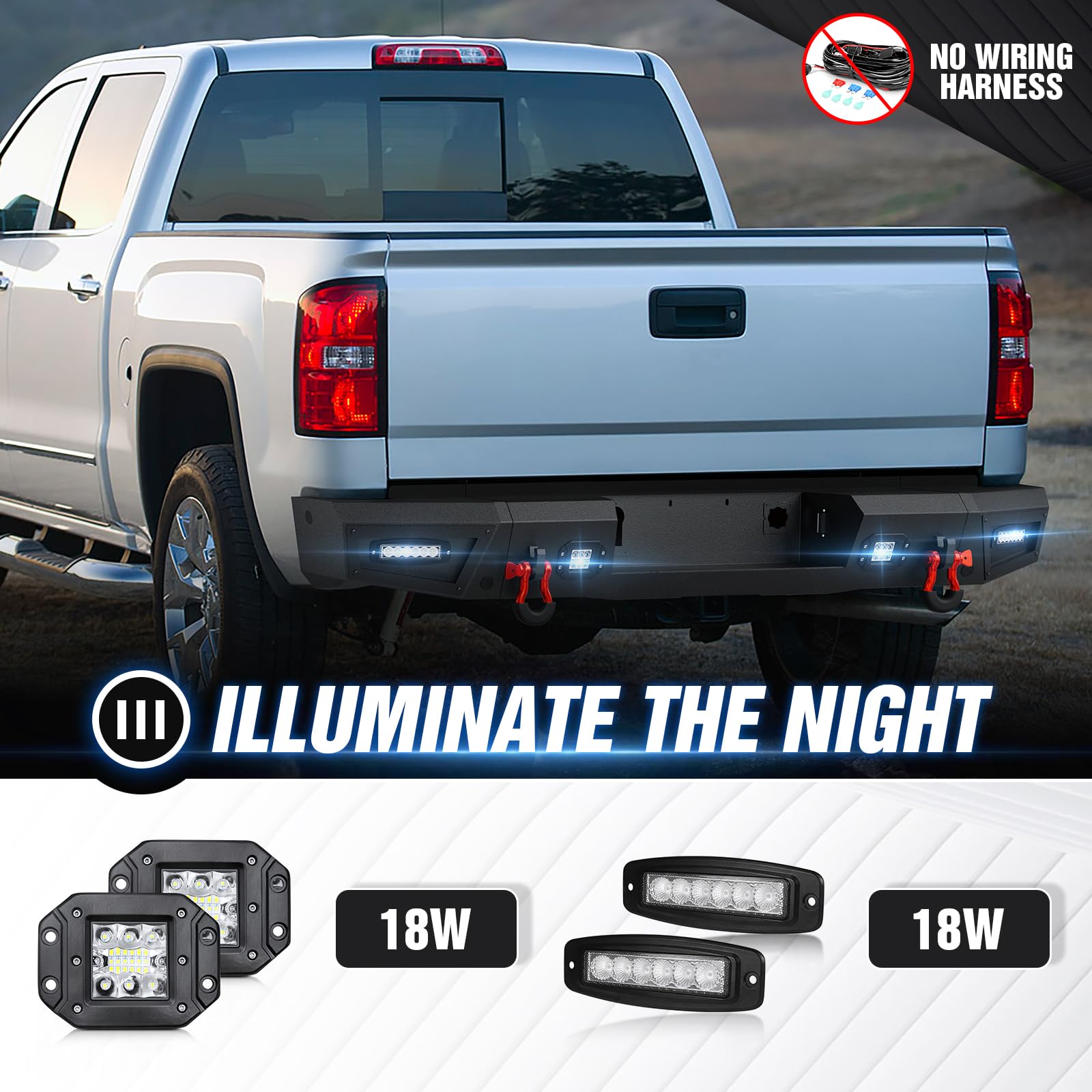 YZONA Pickup Truck Rear Step Bumper Compatible for 2014-2018 Chevy Silverado 1500 & GMC Sierra 1500 Off-Road Bumper Consists of Sensor Holes, Paintable Decor, 4 x 18W LED Lights & D-rings (Black)