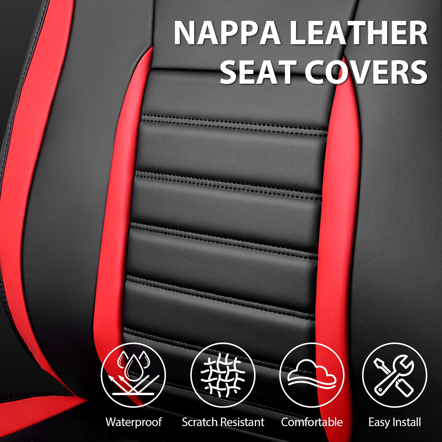 CAR PASS Nappa Leather Car Seat Covers Front Seats, Luxury Seat Protector for Cars, Waterproof Anti-Slip Seat Cushion Armrest Compatible Airbag Universal for Sedan SUV Pick-up Truck Auto, Black Red