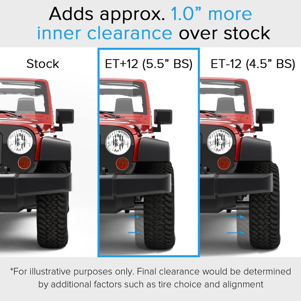 RockTrix RT105 17 inch Wheels Compatible with Jeep Wrangler JK JL 17x9 5x5 Wheels (+12mm Offset) 5.5in Backspace, 5x5 PCD, 71.5mm Bore, Black, Also fits Gladiator Commander Grand Cherokee (Set of 4)