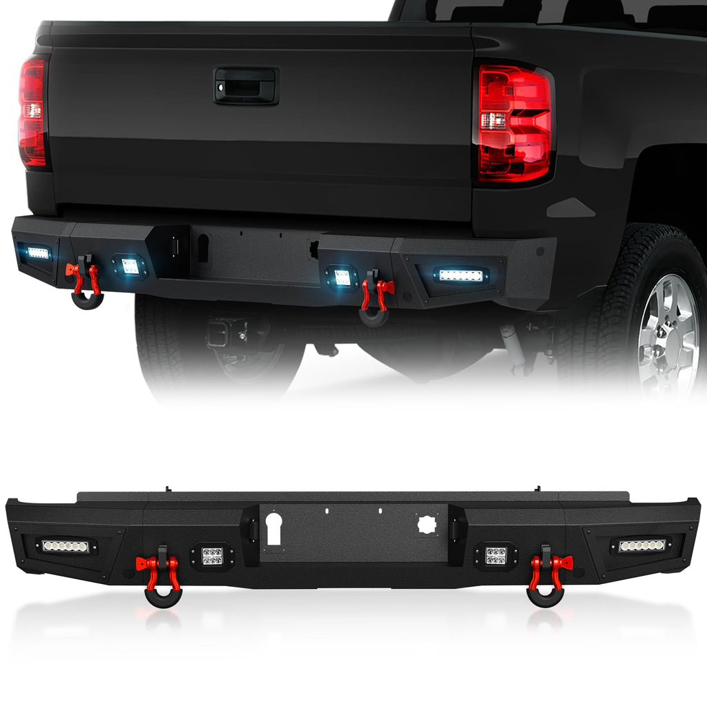 YZONA Pickup Truck Rear Step Bumper Compatible for 2014-2018 Chevy Silverado 1500 & GMC Sierra 1500 Off-Road Bumper Consists of Sensor Holes, Paintable Decor, 4 x 18W LED Lights & D-rings (Black)