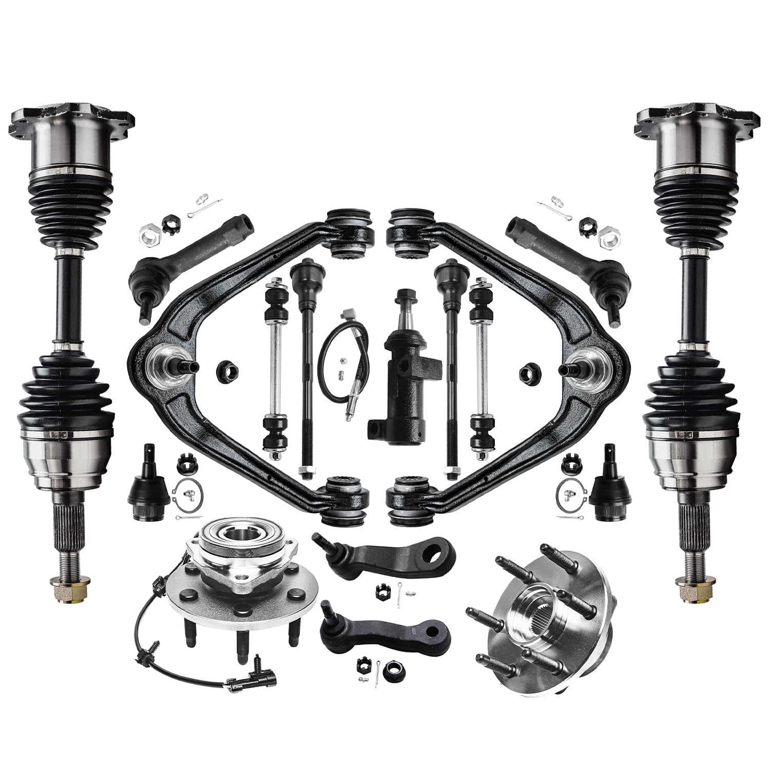 Detroit Axle - 4WD Front End Suspension Kit for Chevy GMC Silverado Sierra Suburban 1500 Yukon Tahoe Escalade Wheel Bearing Hubs Control Arms Ball Joints CV Axles Tie Rods Sway Bars Idler Pitman Arms