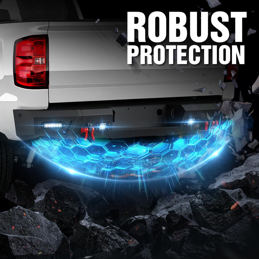 YZONA Pickup Truck Rear Step Bumper Compatible for 2014-2018 Chevy Silverado 1500 & GMC Sierra 1500 Off-Road Bumper Consists of Sensor Holes, Paintable Decor, 4 x 18W LED Lights & D-rings (Black)