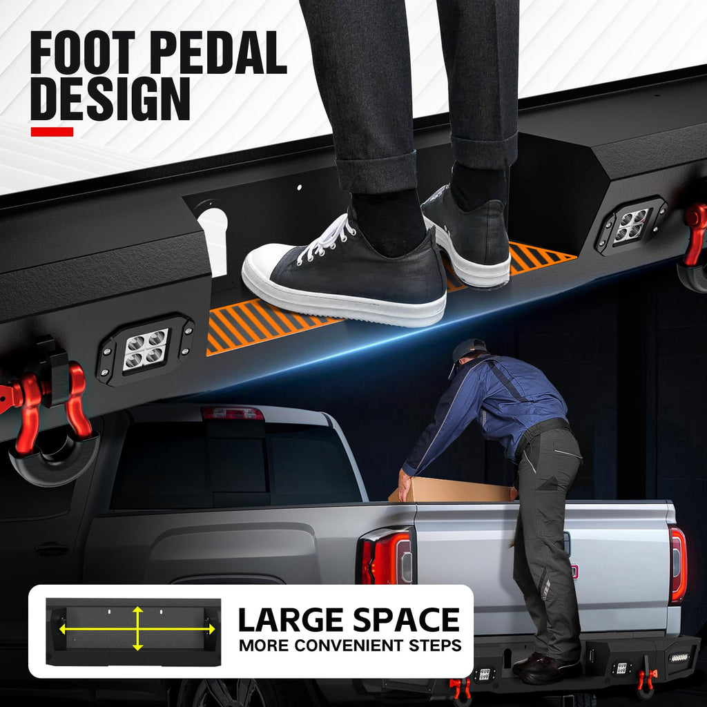 YZONA Pickup Truck Rear Step Bumper Compatible for 2014-2018 Chevy Silverado 1500 & GMC Sierra 1500 Off-Road Bumper Consists of Sensor Holes, Paintable Decor, 4 x 18W LED Lights & D-rings (Black)