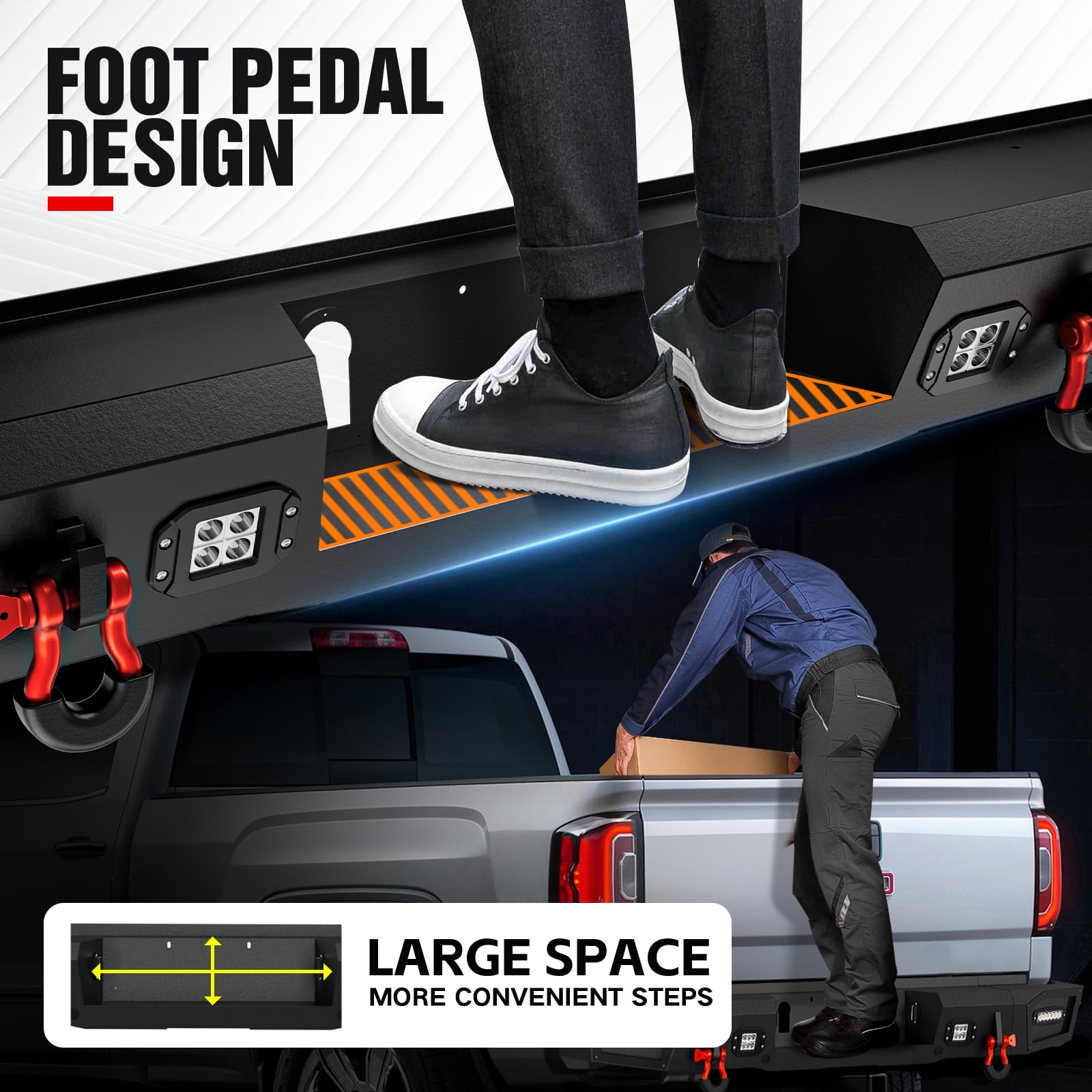 YZONA Pickup Truck Rear Step Bumper Compatible for 2014-2018 Chevy Silverado 1500 & GMC Sierra 1500 Off-Road Bumper Consists of Sensor Holes, Paintable Decor, 4 x 18W LED Lights & D-rings (Black)