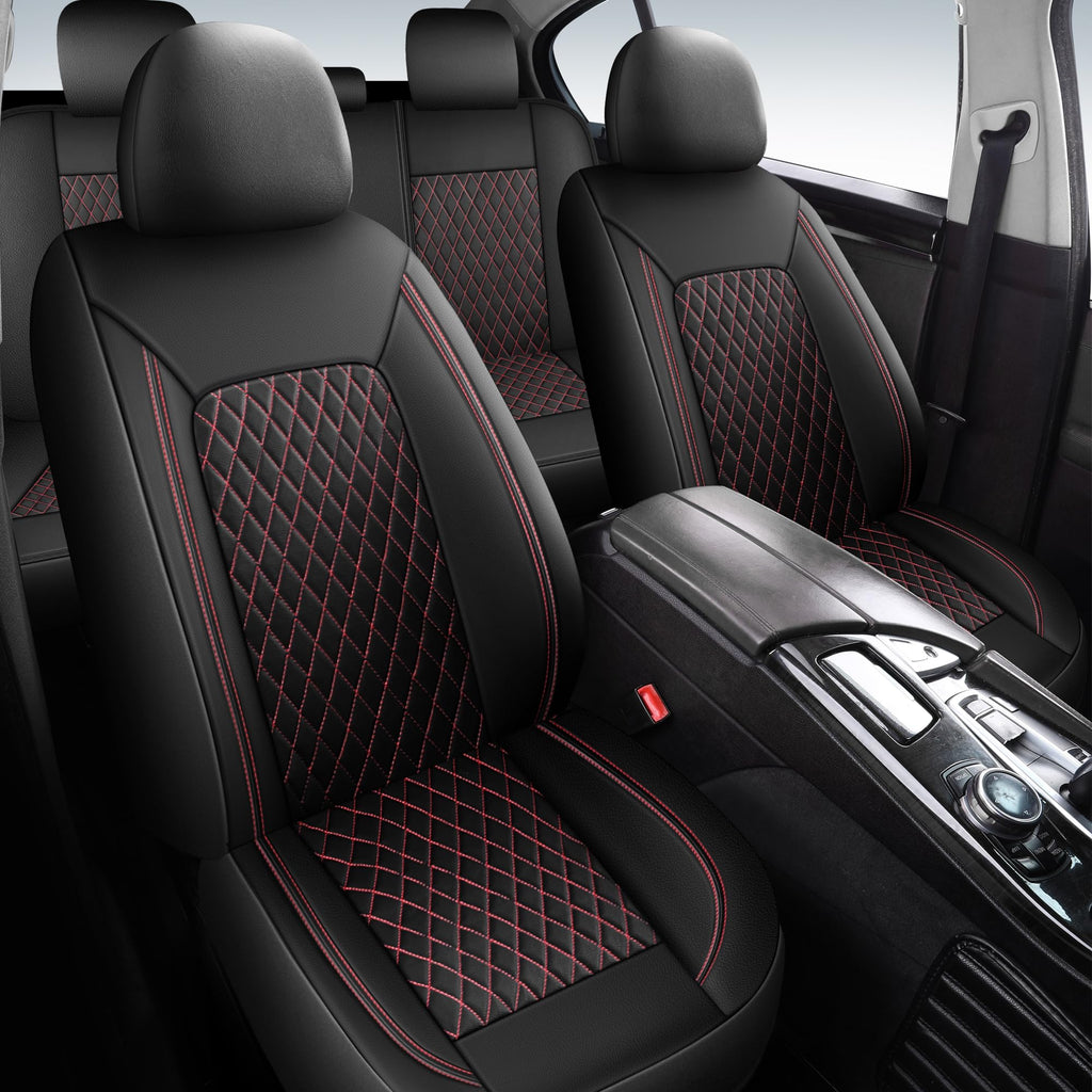 HChengkikz Leather Car Seat Covers, Breathable and Waterproof Seat Cover Full Set, PU Premium Universal Fit Automotive Airbag Compatible for Cars Sedans SUVs Vans and Trucks (Full Set, Black+Redline)