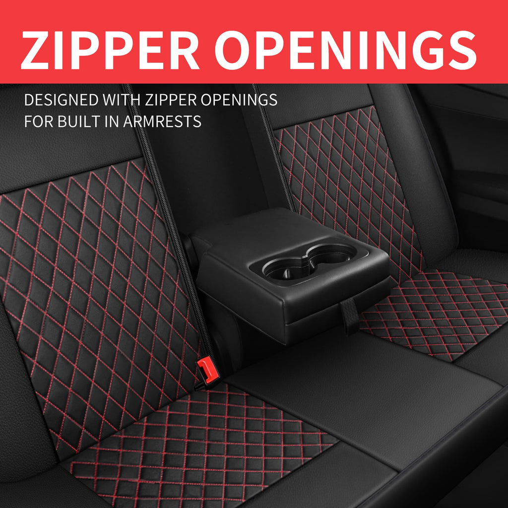 HChengkikz Leather Car Seat Covers, Breathable and Waterproof Seat Cover Full Set, PU Premium Universal Fit Automotive Airbag Compatible for Cars Sedans SUVs Vans and Trucks (Full Set, Black+Redline)