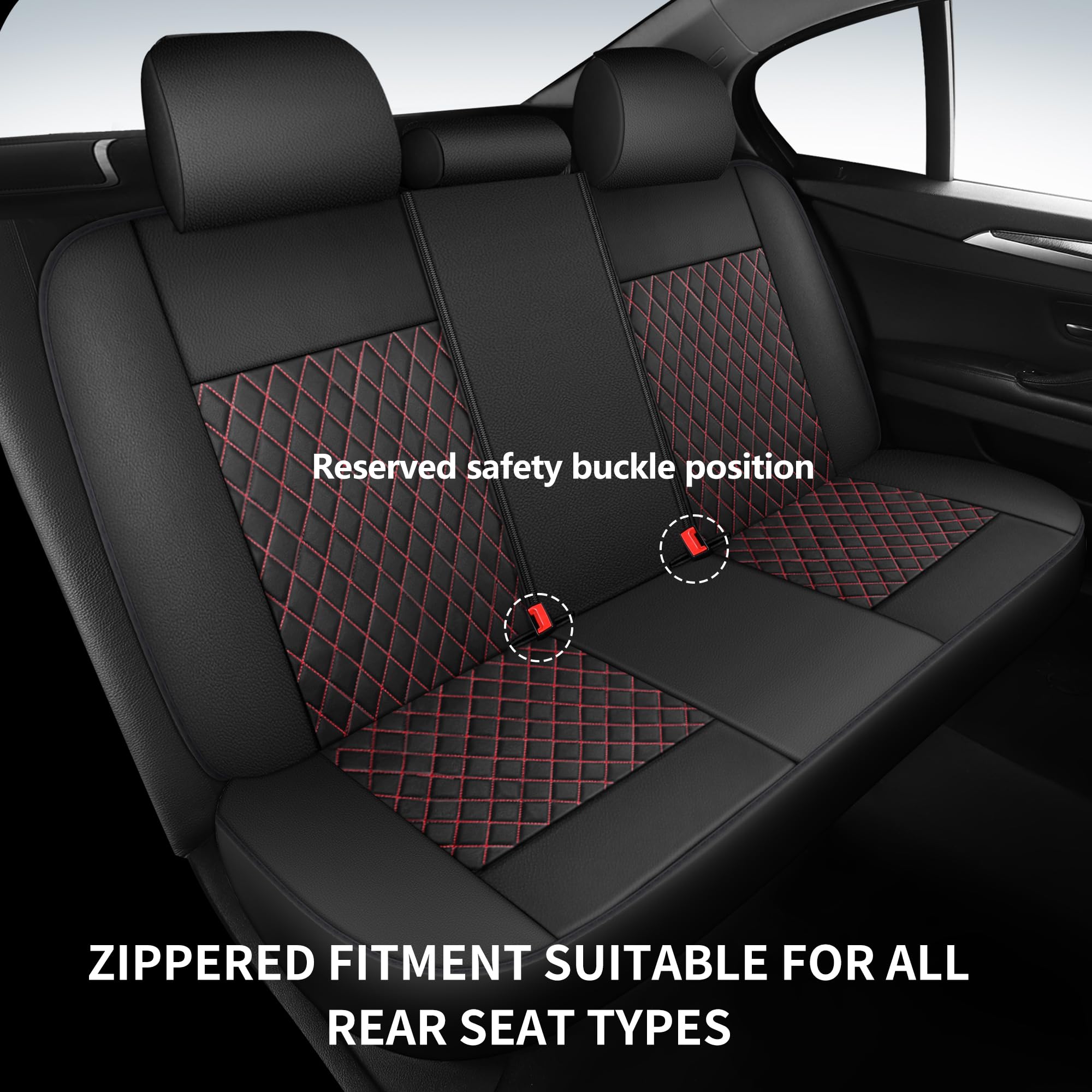 HChengkikz Leather Car Seat Covers, Breathable and Waterproof Seat Cover Full Set, PU Premium Universal Fit Automotive Airbag Compatible for Cars Sedans SUVs Vans and Trucks (Full Set, Black+Redline)