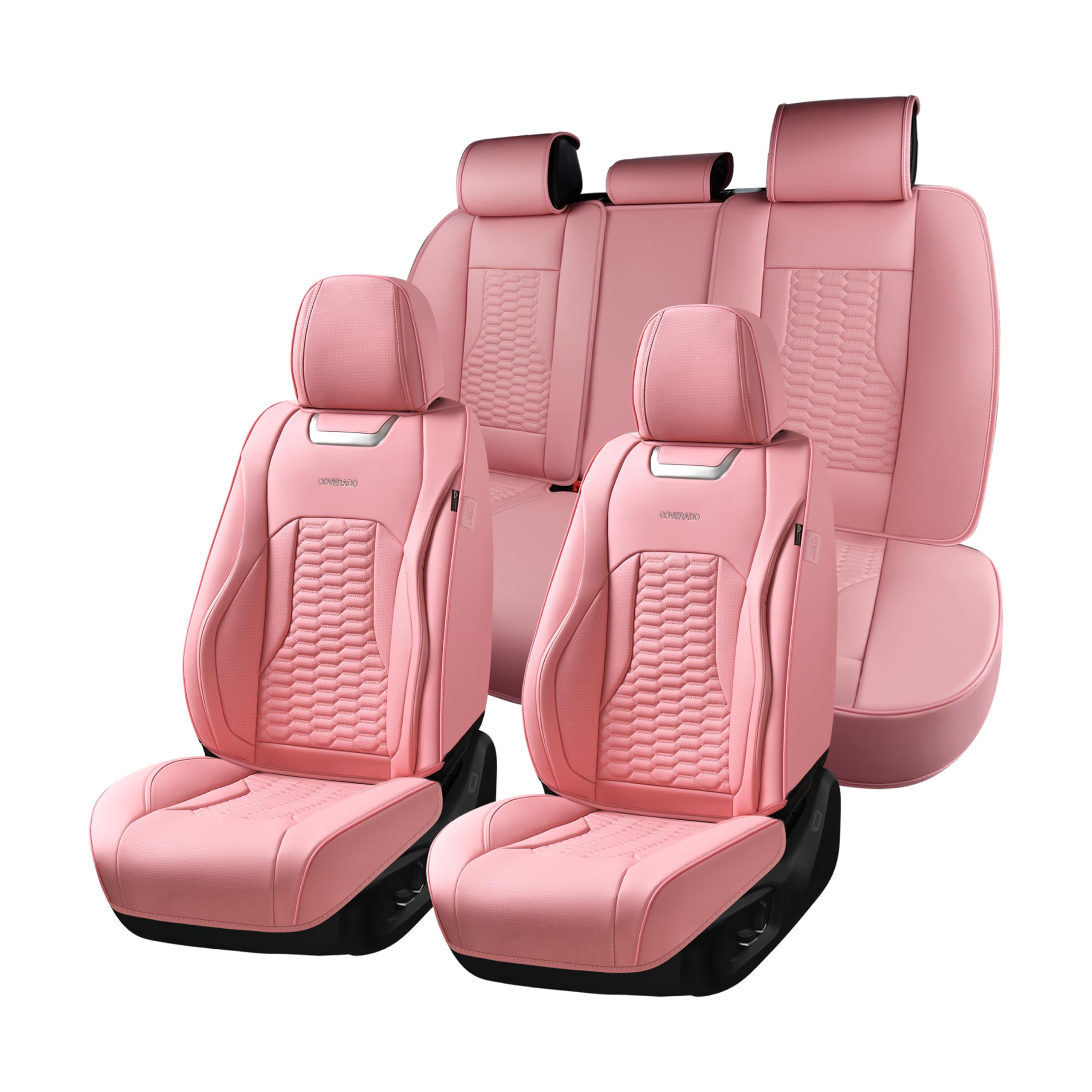 Coverado Car Seat Covers Full Set, 5 Seats Pink Seat Covers for Cars, Nappa Leather Waterproof Car Seat Covers Automotive Seat Covers Interior Accessories Universal Fit Most Cars