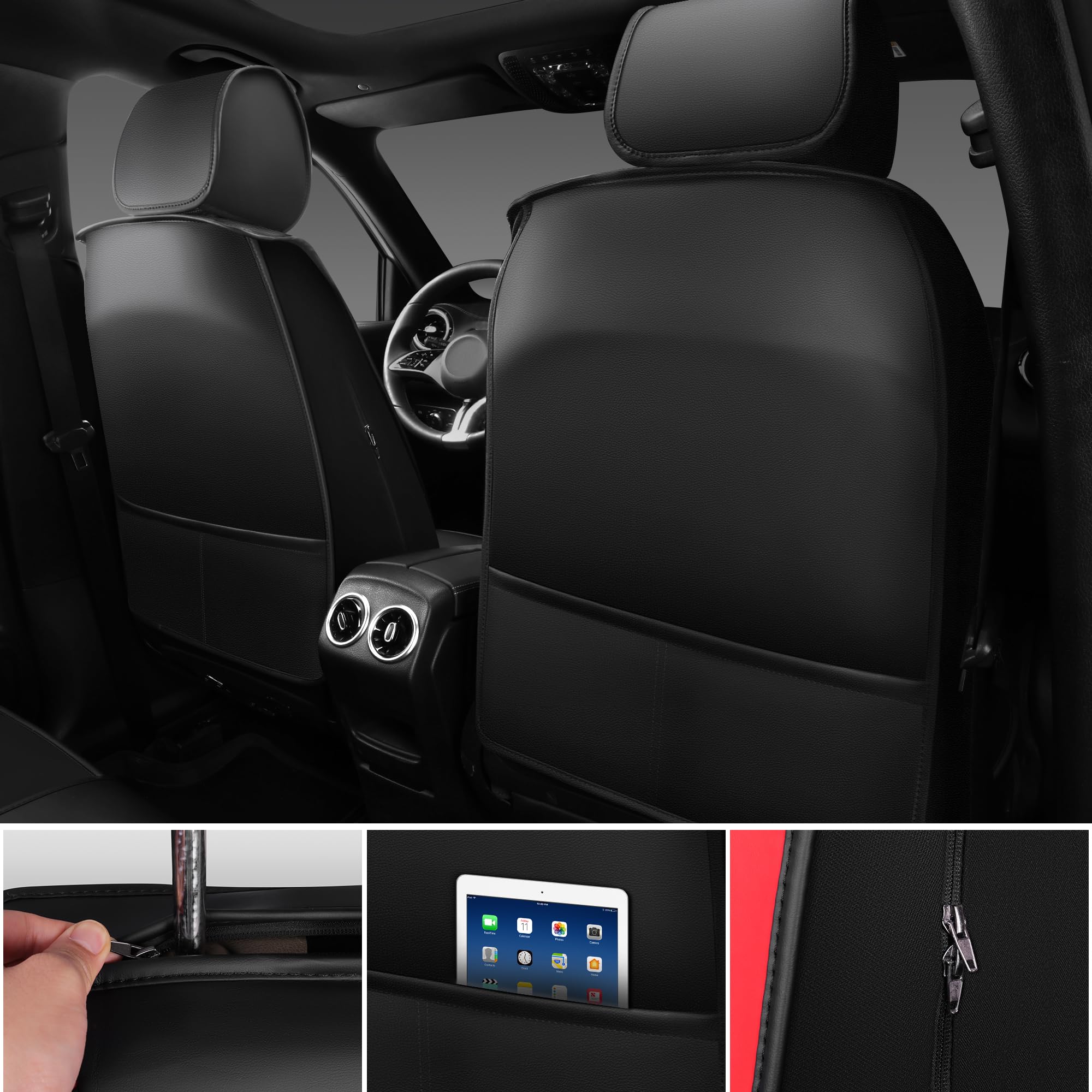 CAR PASS Nappa Leather Car Seat Covers Front Seats, Luxury Seat Protector for Cars, Waterproof Anti-Slip Seat Cushion Armrest Compatible Airbag Universal for Sedan SUV Pick-up Truck Auto, Black Red