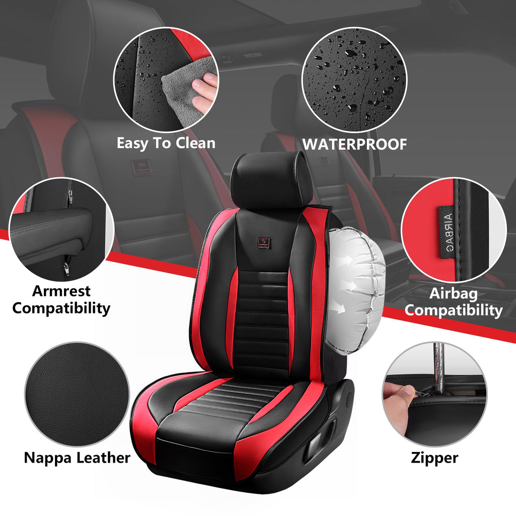 CAR PASS Nappa Leather Car Seat Covers Front Seats, Luxury Seat Protector for Cars, Waterproof Anti-Slip Seat Cushion Armrest Compatible Airbag Universal for Sedan SUV Pick-up Truck Auto, Black Red