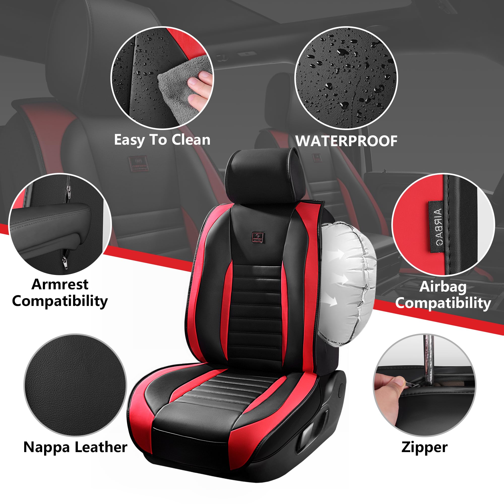 CAR PASS Nappa Leather Car Seat Covers Front Seats, Luxury Seat Protector for Cars, Waterproof Anti-Slip Seat Cushion Armrest Compatible Airbag Universal for Sedan SUV Pick-up Truck Auto, Black Red