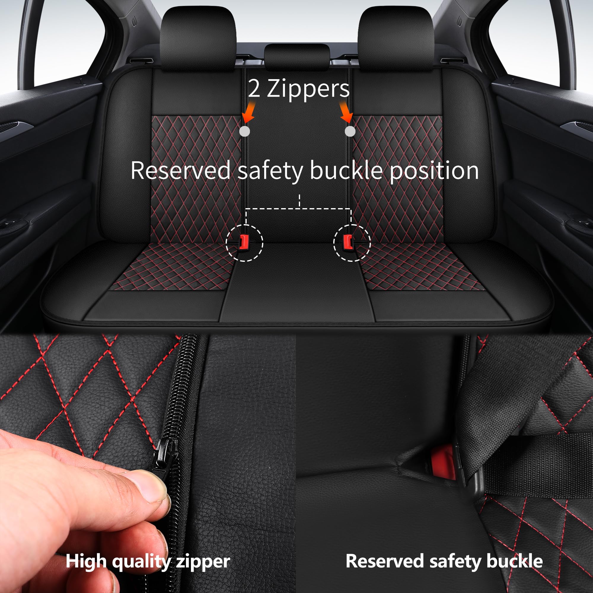 HChengkikz Leather Car Seat Covers, Breathable and Waterproof Seat Cover Full Set, PU Premium Universal Fit Automotive Airbag Compatible for Cars Sedans SUVs Vans and Trucks (Full Set, Black+Redline)