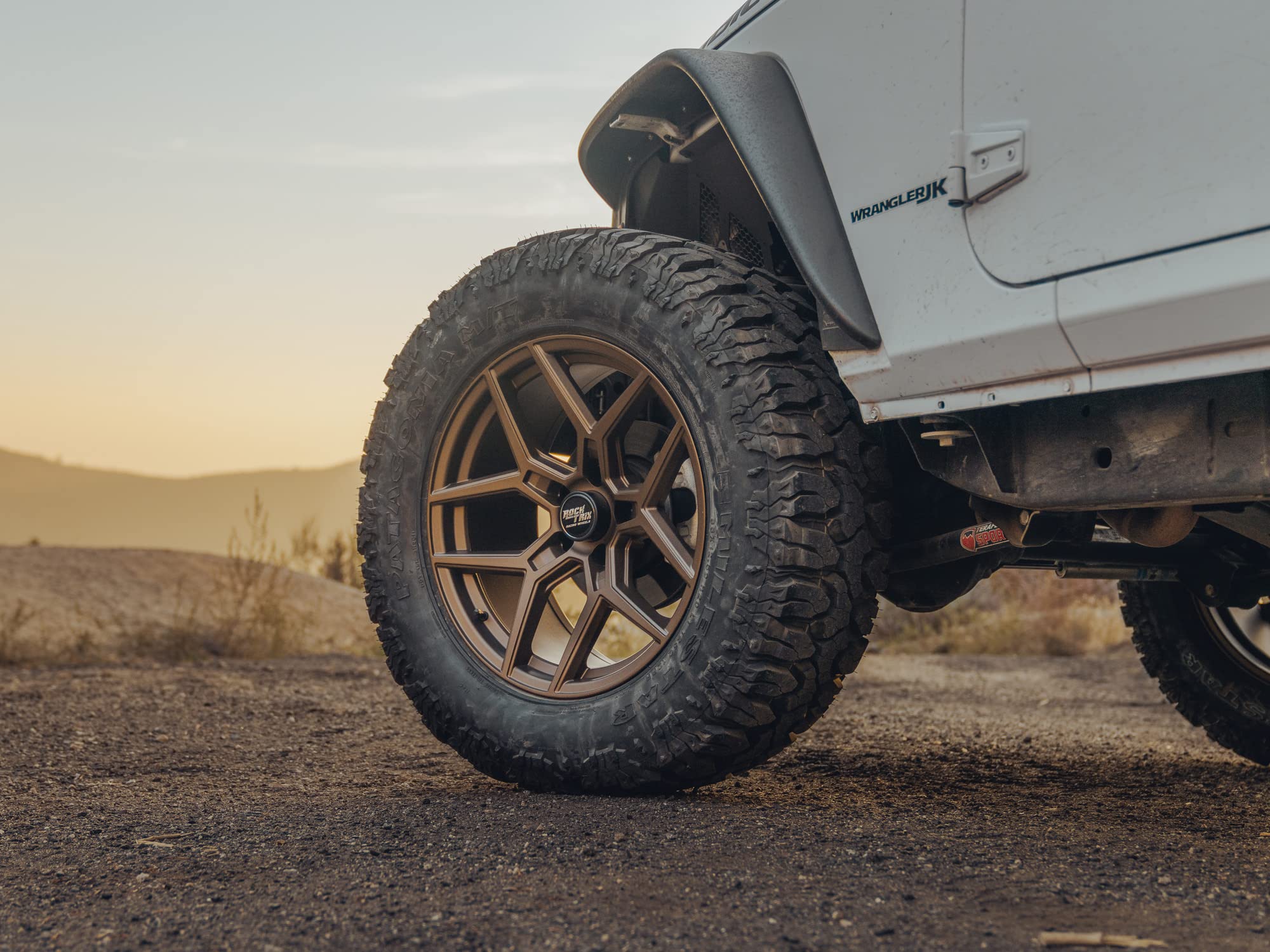 RockTrix RT105 20 inch Wheel Compatible with Jeep Wrangler JK JL 20x9 5x5 Wheels (-12mm Offset, 4.5in Backspace) 5x5 PCD, 71.5mm Bore, Bronze Wheels, Also fits Gladiator JT Rims
