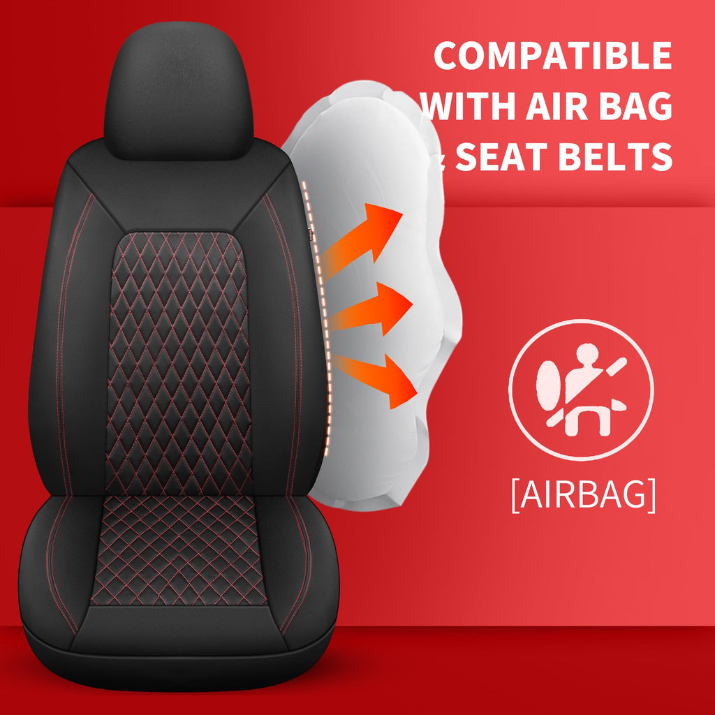 HChengkikz Leather Car Seat Covers, Breathable and Waterproof Seat Cover Full Set, PU Premium Universal Fit Automotive Airbag Compatible for Cars Sedans SUVs Vans and Trucks (Full Set, Black+Redline)